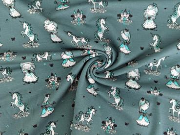 Baumwolljersey Prinzessin Einhorn auf Dark Dusty Mint